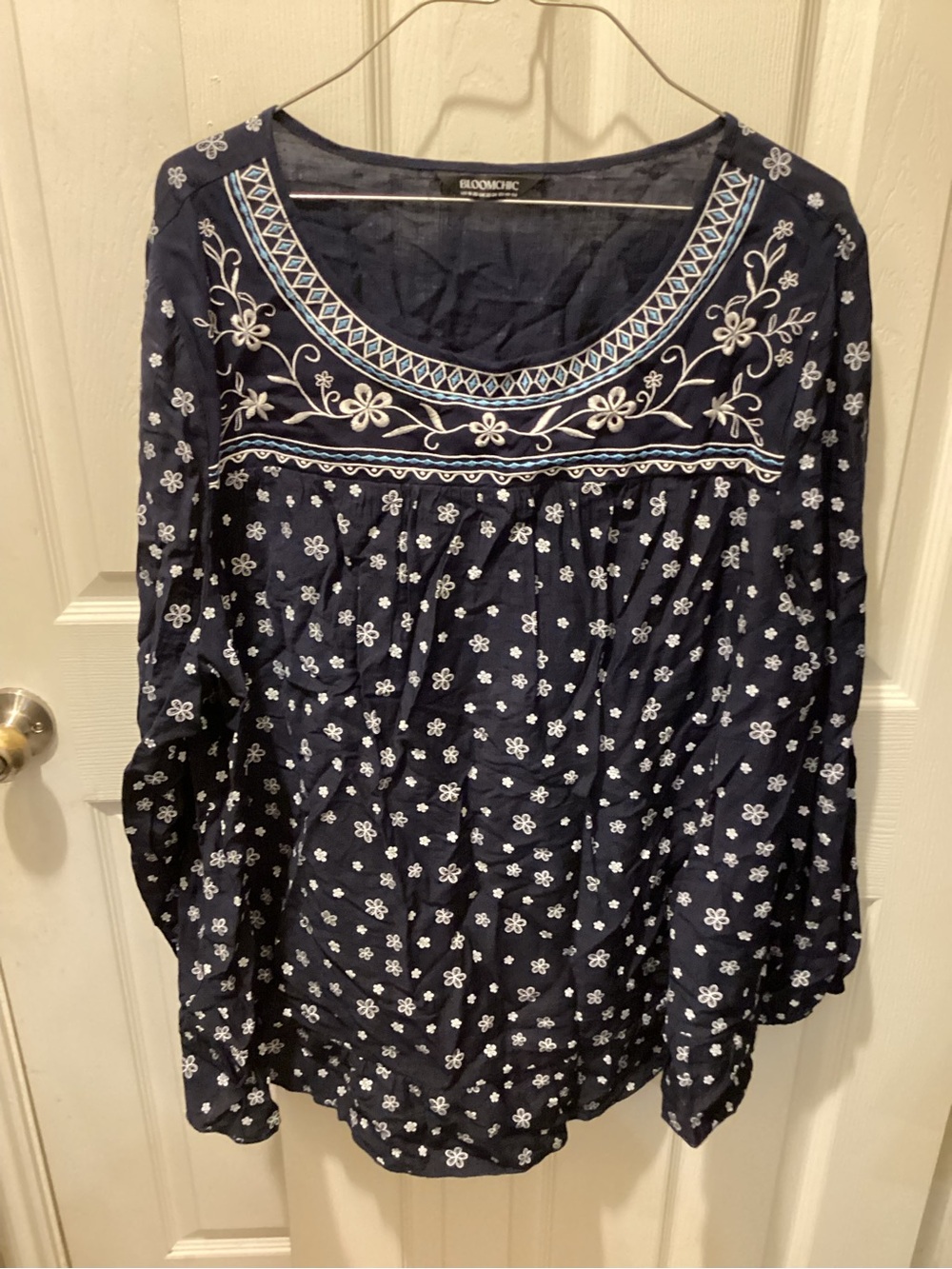 BloomChic Navy Floral Embroidered Peasant Tunic
